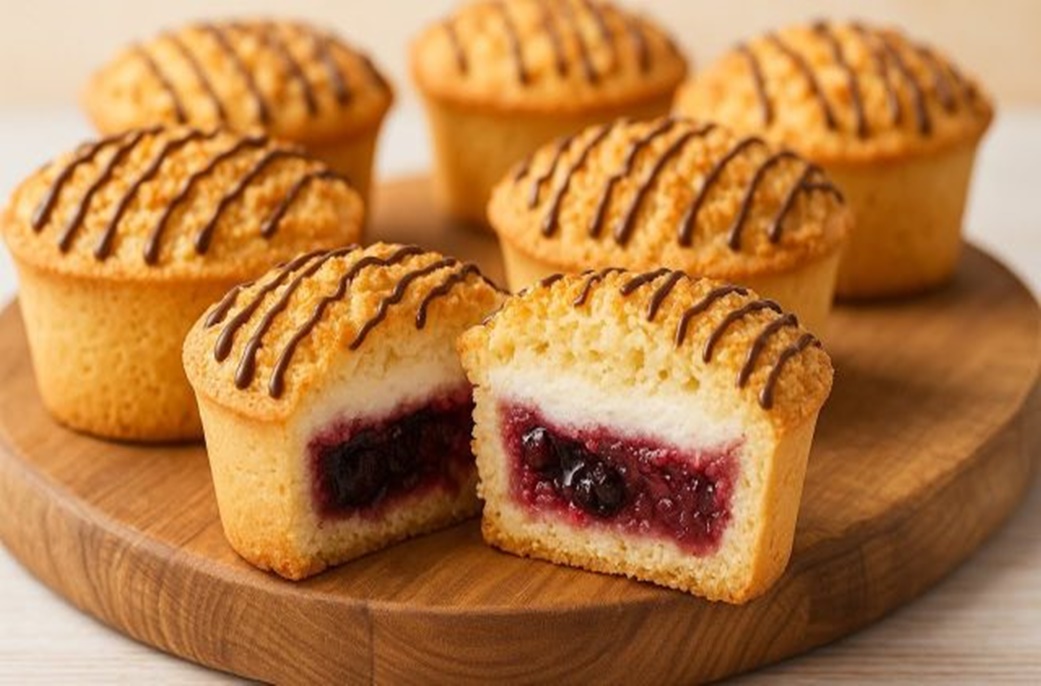 Briose delicioase cu unt, fructe, bezea și decor de ciocolată
