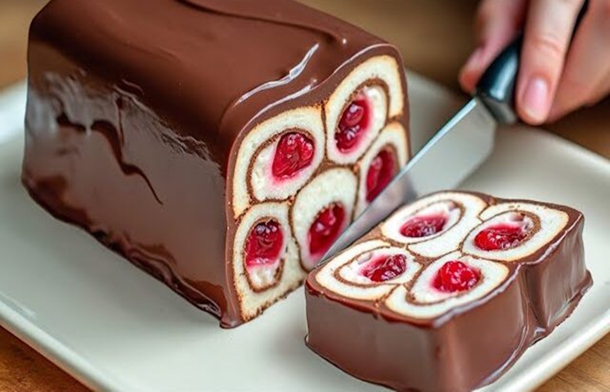 Tort din clătite cu glazură ciocolată, fără coacere, cu cremă delicioasă de mascarpone și dulceață de cireșe